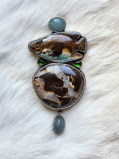 Boulder Opal Fish, Aqua Pendant/Pin