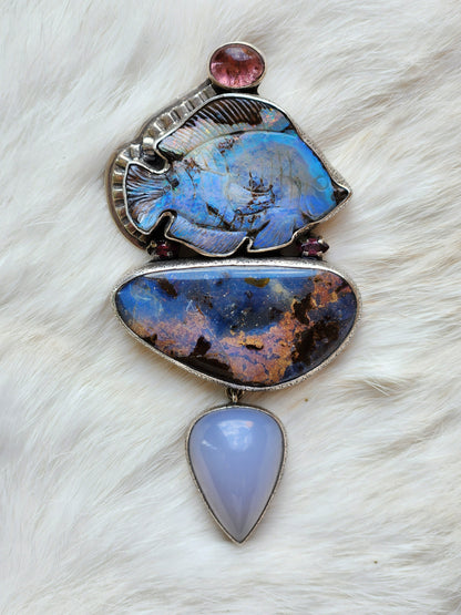 Boulder Opal Fish, Tourmaline Pendant/Pin